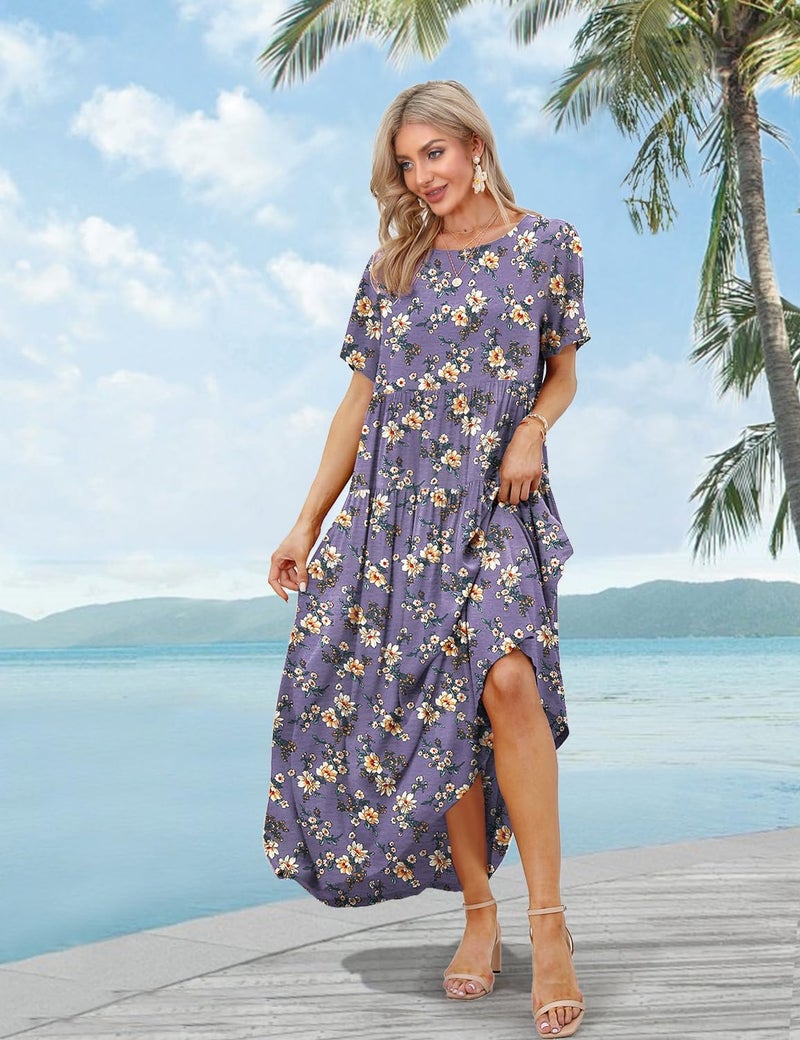 YESNO Women Casual Loose Bohemian Floral Dress with Pockets Short Sleeve Long Maxi Summer Beach Swing Dress 3XL EJF CR08 Purple - Image 3